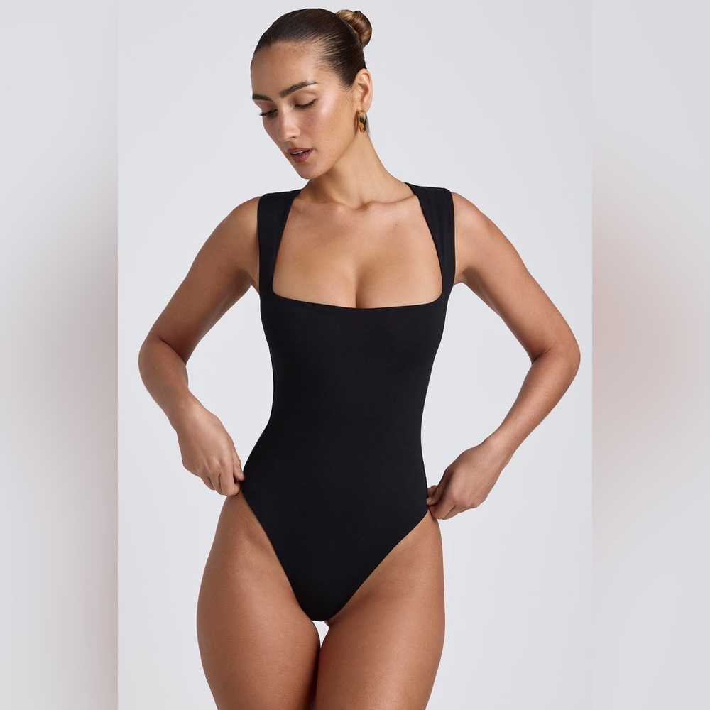 OH POLLY Alba Modal Square-Neck Bodysuit in Black Size Small NWT